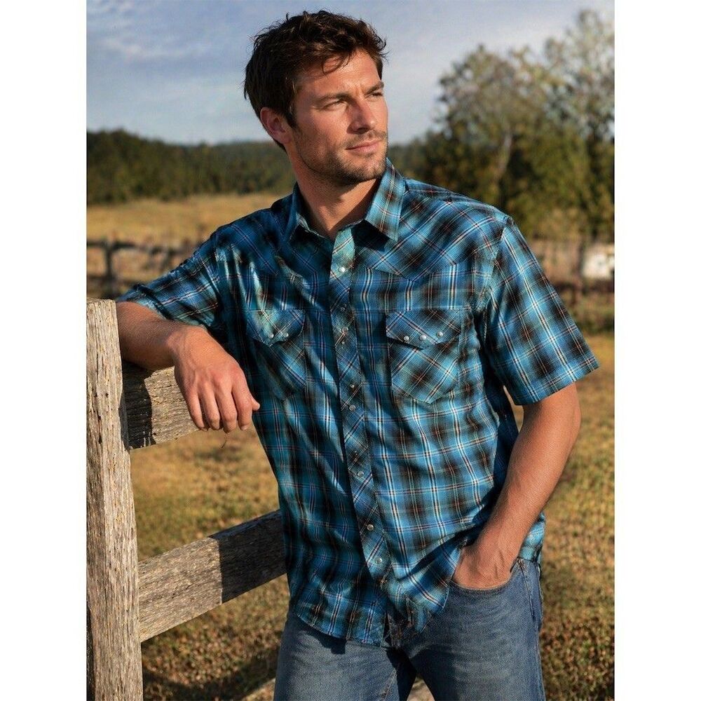 Wrangler Shirt Mens XL Blue Plaid Short Sleeve Pearl Snap Button Western Casual - Picture 2 of 7